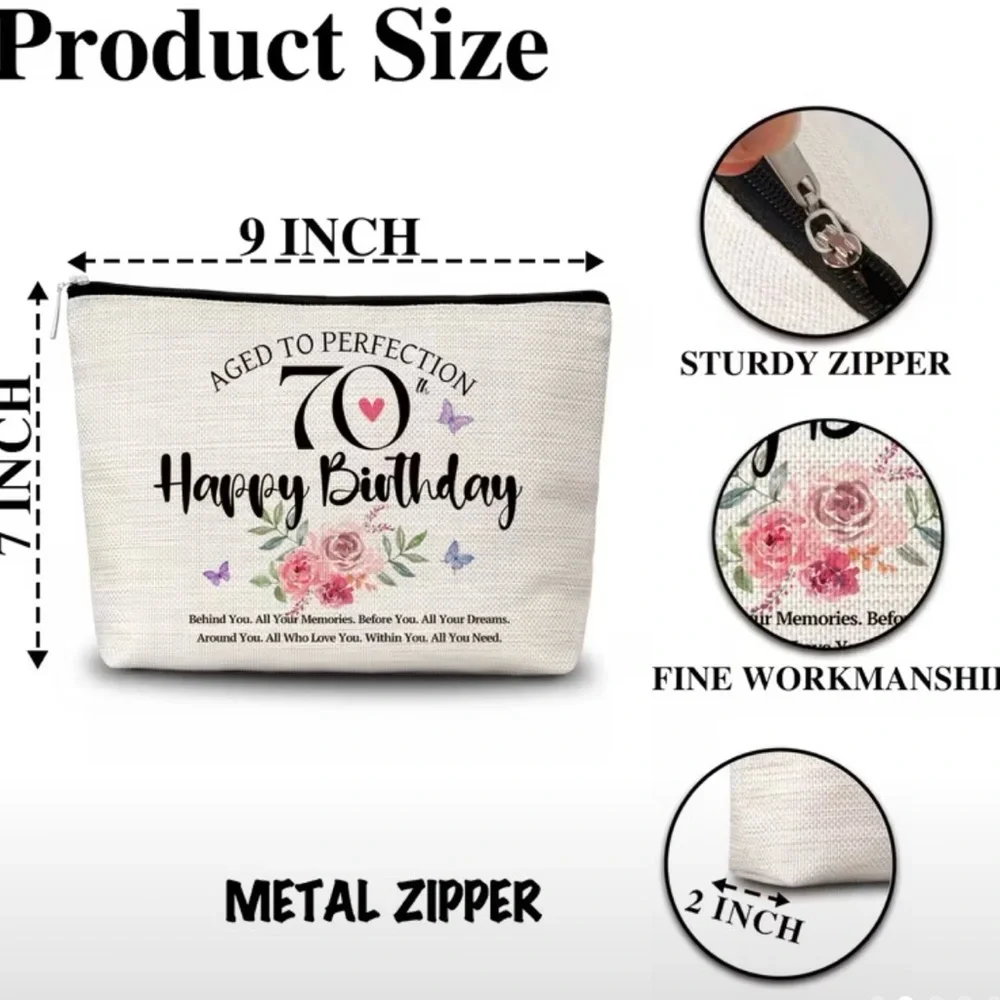 70th Birthday “Aged to Perfection” Cosmetic & Travel Zipper Pouch – Floral